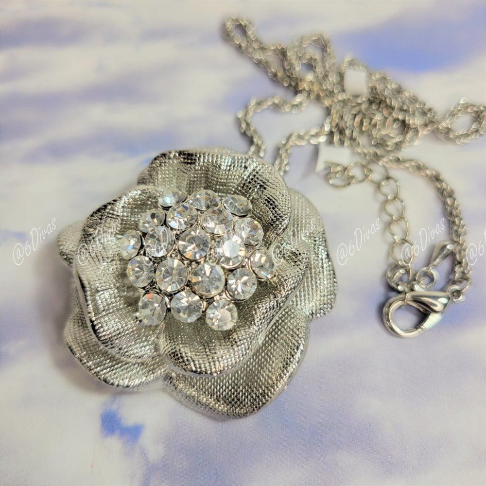Large Silver Rose Flower Pendant Necklace